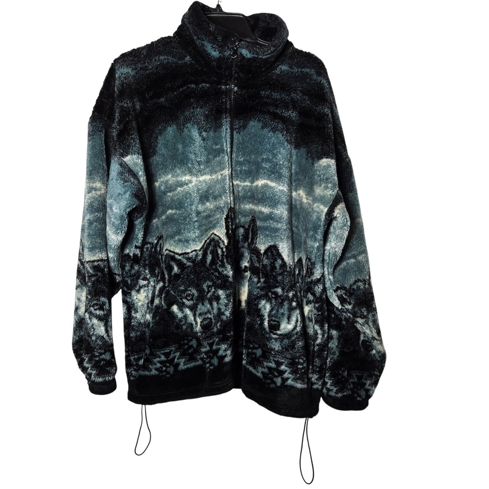 Vintage Cobblestone Canyon Wolf Fleece Jacket XL 90s Cabin Retro Cozy Nature